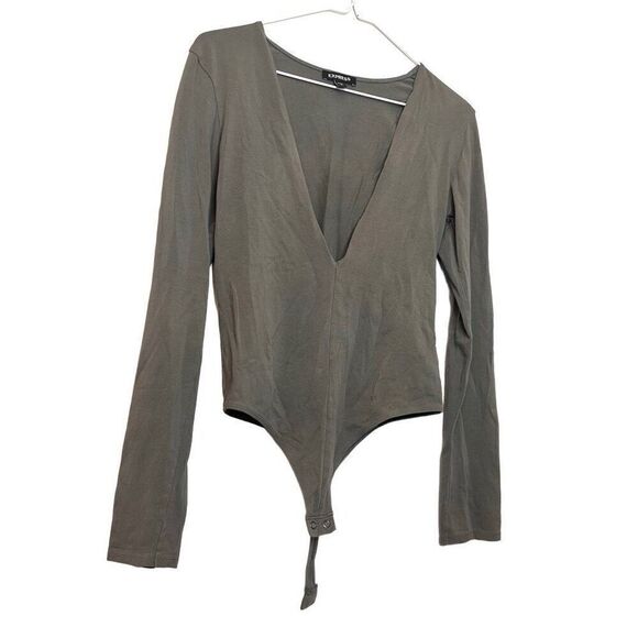 Express Plunge V-Neck Long Sleeve Velour Bodysuit Olive Green Medium - Picture 2 of 5